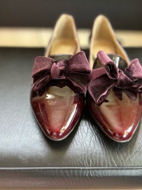 Vince Camuto Burgundy Patent Pointed Mules with Velvet Bow